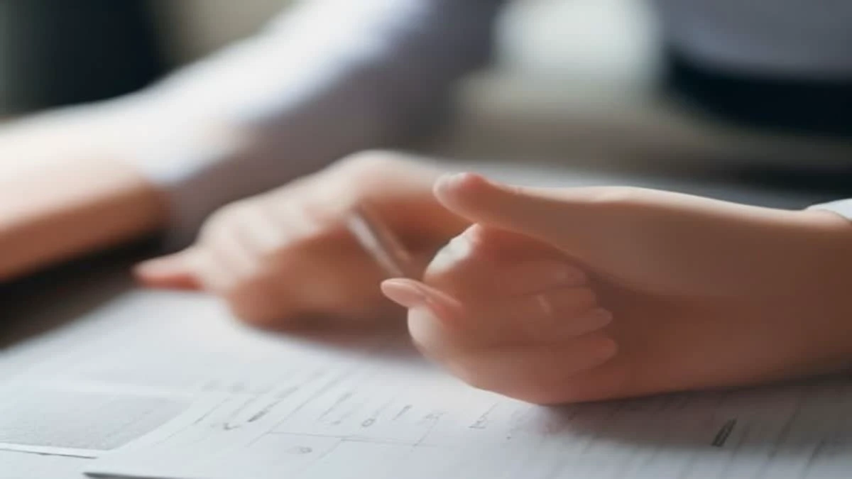 Illustration: shallow depth of field close-up of a small office meeting with two people reviewing printed charts on a desk, overcast diffused light